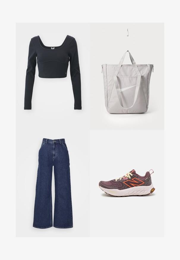 Svart langermet cropped topp i ribbet tekstur, med bred scoop-hals og figursydd silhuett, med en subtil merkevarelogo.; Bredde ben denim jeans i mørkeblå, med høy midje, frontlommer og glidelås med metallknapp. Glatt tekstur og klassisk design.; Lilla og grå sportsko med oransje detaljer, teksturert mesh-overdel, EVA-mellomsåle og gummisåle. Inkluderer kontrastfargede snørebånd og en hælflik.; Grå totebag med forsterkede håndtak, frontlomme med glidelås og en hvit Nike swoosh-logo. Laget av slitesterkt stoff med en glatt tekstur.