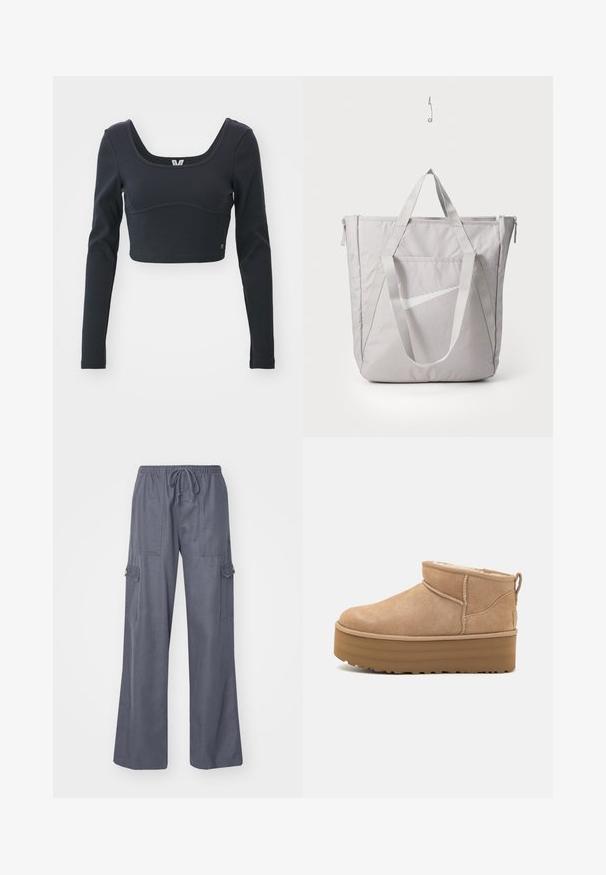 Top cropped nero a maniche lunghe in tessuto ribbed, con ampia scollatura a girocollo e silhouette aderente, con un sottile accento del logo del marchio.; Pantaloni cargo grigi con vita regolabile a coulisse, gamba ampia e due tasche laterali. Realizzati in un tessuto morbido e leggero.; Stivaletti alla caviglia in suede beige con un interno morbido, dotati di suola platform e di una linguetta sul retro per una facile indossabilità. Suola in gomma texturizzata.; Borsa tote grigia con manici rinforzati, tasca frontale con zip e logo Swoosh bianco di Nike. Realizzata in tessuto resistente con una texture liscia.