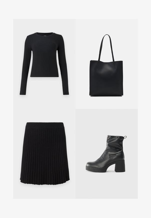 Fekete, hosszú ujjú felső, kerek nyakkivágás, bordázott textúra, karcsú fazon és cropped hosszúság. Nincsenek minták vagy látható hardver részletek.; Fekete bordás kötött szoknya széles derékpánttal, függőleges pliszékkel és bővülő szegéllyel. Egyenletes textúra az egész anyagon.; Fekete bokacsizmák sima bőrből, oldalsó cipzárral, vastag, texturált sarkú és lekerekített orrú dizájnnal.; Fekete bőrtáska sima felszínnel, téglalap alakú, két hosszú füllel. Nincs látható fémkiegészítő vagy díszítés.