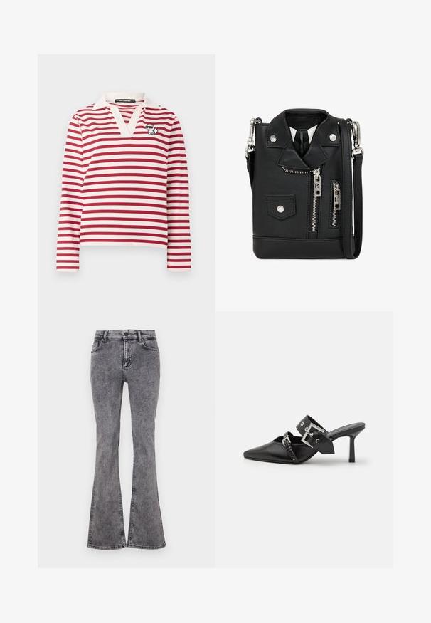Červená a biela pruhovaná košeľa s dlhým rukávom a V-výstrihom, s bielym golierom. Obsahuje malý vyšívaný motív mačky na ľavej strane.; Čierne rozšírené džínsy vyrobené z denimu s bledým prádlom, s piatimi vreckami, so zipsom a kontrastným šitím pozdĺž švov.; Čierne vysoké podpätky mule so špicatou špičkou, vyrobené z hladkej kože. Obsahujú široký členkový remienok so štvrcovým strieborným sponom a cvokmi.; Čierna koženka crossbody taška navrhnutá ako motocyklová bunda. Obsahuje zipsy, patentky a ramenný popruh. Kompaktná s drsným vzhľadom.
