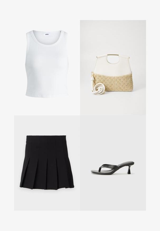 Valge ribakujuline tank top, millel on ümmargune kaelus, varrukateta disain ja lühike pikkus. Silt ütleb "JJXX." Sile kangast tekstuur.; Must mustriba mustriga vööga, valmistatud sujuvast kangast. Omab mitmeid vertikaalseid voldikesi struktureeritud silueti jaoks.; Mustad kontsaga flip-flop sandaalid õhukeste rihmadega, ruudukujuline ninaosa, läikiv viimistlus ja väike stiletto konts lisatud kõrguse saavutamiseks.; Valge nahast käekott, mille alumine osa on tekstureeritud kreemjas kudumiga. Kott on varustatud kuldse käepidemega ja keerdus valge rihmaga, mis lisab mitmekesisust.