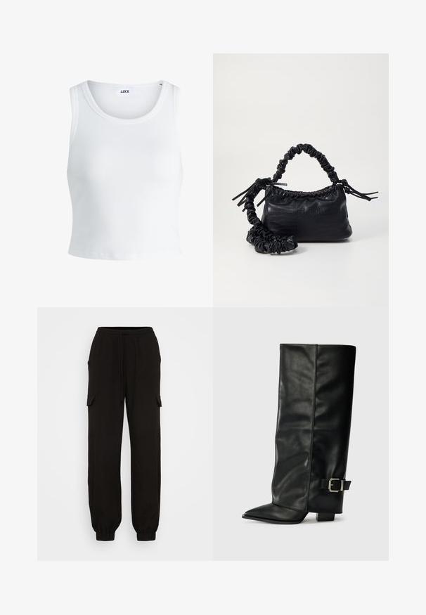 Top alb cu detalii texturate, cu guler rotund, fără mâneci și lungime scurtă. Eticheta spune "JJXX." Textură de țesătură netedă.; Pantaloni cargo negri cu o croială lejeră, având un elastic la talie, închidere cu șnur și buzunare laterale. Fabricat dintr-un material ușor.; Botine din piele neagră, până la gleznă, cu vârf ascuțit, textură netedă și un accent cu cataramă argintie pe lateral. Toc pătrat masiv.; Geantă din faux leather neagră cu textură de crocodil, cu partea superioară strânsă și o curea mototolită. Pare moale și compactă ca design.
