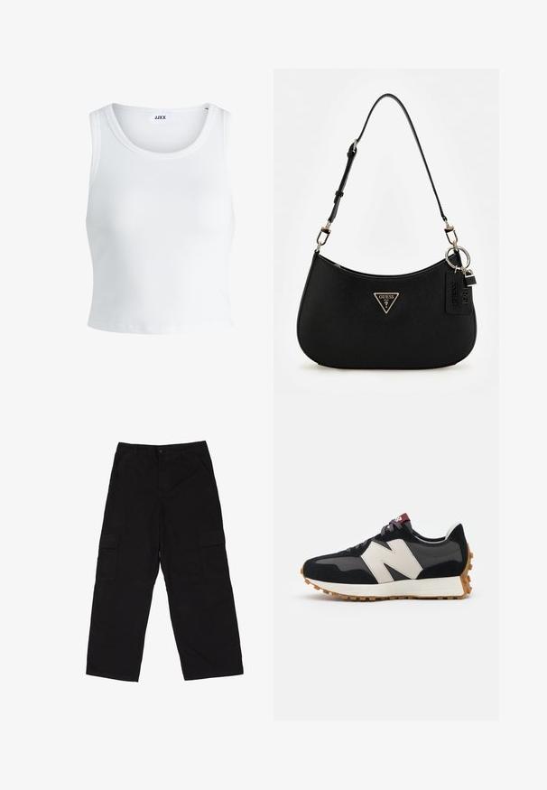 Witte geribbelde tanktop met een ronde hals, zonder mouwen en een cropped lengte. Label draagt "JJXX." Gladde stoftextuur.; Dr.Denim Plus Cargobroek - black; Zwarte en grijze suède sneaker met een groot crèmekleurig "N"-logo, paarse veters en een gestructureerde rubberen zool van gum.; Zwarte synthetische schoudertas met een gebogen silhouet, textuurafwerking, gouden driehoeklogo en afneembare hardwareaccenten.