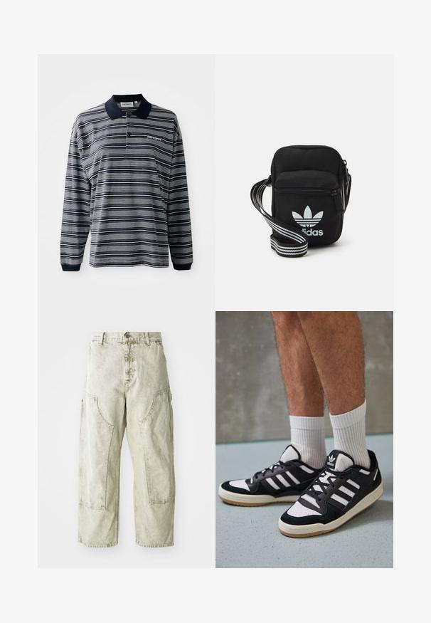 Polo majica s dugim rukavima v mornarsko modro-belim prugama, od pamuka, s ovratnikom, plaketom s tri dugmeta i malim vezom na grudima.; Svijetlozelene široke cargo traperice s velikim bočnim džepovima, zatvorenjem na gumb i patentni zatvarač, te vidljivim detaljima šivanja.; Črno-bele superge z zgornjim delom iz usnja in nubuka, ki imajo tri bele črte, perforiran vrh prstov in podplat iz gume.; Črna tkaninska torbica čez ramo z zadrgo, ki vsebuje belo Adidasovo logo in pridelano naramnico z več črtami za enostavno nošenje.
