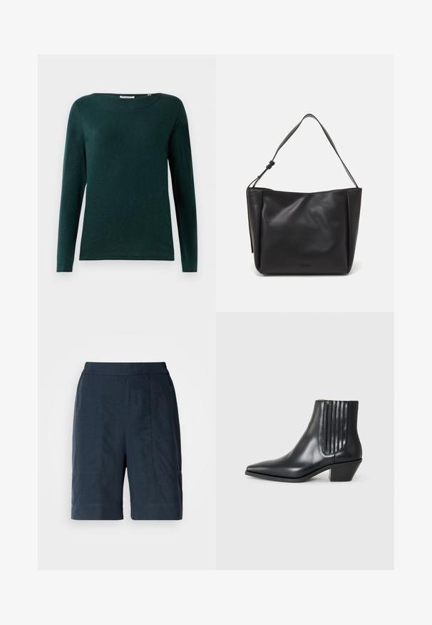 Temno zelena majica z dolgimi rokavi in okroglo izrezom, preproste zasnove, prikazana na beli podlagi.; Temno modri kratki hlače iz lahkega materiala, z ravnim krojem, dvema sprednjima žepoma in diskretnimi šivi.; Črne usnjene gležnjarje s koničastim nosom, elastičnimi stranskimi paneli z navpičnimi utori in nizko blokasto peto. Gladka tekstura in eleganten dizajn.; Calvin Klein GRACIE MEDIUM - Torbica - black
