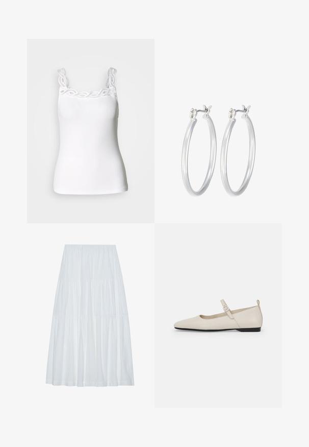 Balta liemenėlė su reguliuojamomis petnešėlėmis, papuošta dekoratyvine nėrinių juostele aplink kaklą ir prigludusia, raukšlėta medžiaga.; Balta sluoksniuota midi sijonas su elastiniu juosmeniu, pasižymintis tekstūruotu audiniu ir subtiliomis vertikaliomis juostelėmis visame audinyje.; Balti odiniai Mary Jane batai su smailiu priekiu, šoniniu užsegimu ir žemu juodu kulniuku. Sklandus paviršius ir minimalistinis dizainas.; Sidabriniai auskarai su sklandžiu, poliruotu paviršiumi. Apvalios formos ir saugus uždarymo mechanizmas. Lengvas dizainas, tinkantis kasdieniam dėvėjimui.