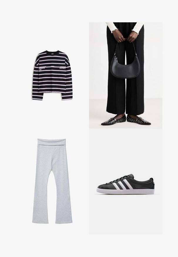 Langærmet skjorte med striber i sort, hvid og lys pink. Har tekstgrafik i hvid på brystet, cropped design og ribbet rund halsudskæring.; Grå flare leggings med en bred, blød talje, lavet af et glat, strækbart stof. Har en tætsiddende pasform og ankellængde.; Sorte lædersneakers med hvidt tre-stribe-design, rund tå, flad hvid gummisål og branddetalje på siden.; Sort læder skuldertaske med rund form, glat finish og sølv hardware. Person iført sorte brede bukser og nitter loafers.