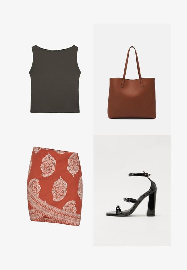 Tummanharmaa, istuva hihaton toppi, jossa on pyöreä pääntie ja hihaton muotoilu, valmistettu sileästä, joustavasta kankaasta. Ei näkyviä kuvioita tai koristeita.; Hame rustinvärinen, jossa on valkoisia paisley- ja kukkakuoseja. Siinä on viistosti leikattu helma ja monimutkainen reunakuvio alareunassa.; Musta kiiltävä korkokenkä sandaalit neliönmuotoisella varpaalla, nilkkaremmillä ja hopeisilla soljilla. Varustettu tukevalla lohkokorkealla vakauden takaamiseksi.; Ruskea nahkainen olkalaukku, jossa on sileä pinta, avoin yläosa ja kaksi olkahihnaa. Omaavat vain minimaalisen ompelun eikä näkyvää metalliosaa.