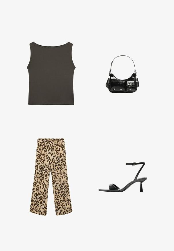 Mörkgrå, figursydd linne med rundad halsringning och ärmlös design, tillverkat av mjukt, stretchigt tyg. Inga synliga mönster eller detaljer.; Leopardmönstrade vida byxor i beige och brunt, med dragsko i midjan, slät tyg och en avslappnad passform.; Bershka Sandaletter - black; Svart lackläderhandväska med en rundad form, en axelrem, framfickor och detaljer i silverfärg.; Guldörhängen med en slät, rund design. Tunna och lätta, med en kontinuerlig båge utan några utsmyckningar.