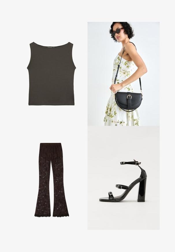 Tummanharmaa, istuva hihaton toppi, jossa on pyöreä pääntie ja hihaton muotoilu, valmistettu sileästä, joustavasta kankaasta. Ei näkyviä kuvioita tai koristeita.; Ruske lace hameet, joissa on kukkakuvio, teksturoitu pinta ja helmassa röyhelö. Joustava vyötärö.; Musta kiiltävä korkokenkä sandaalit neliönmuotoisella varpaalla, nilkkaremmillä ja hopeisilla soljilla. Varustettu tukevalla lohkokorkealla vakauden takaamiseksi.; Musta nahkainen käsilaukku, joka on kaareva muotoilultaan, irrotettavalla hihnalla ja kultaisilla yksityiskohdilla. Laukussa on läppä, jossa on solk yksityiskohta.