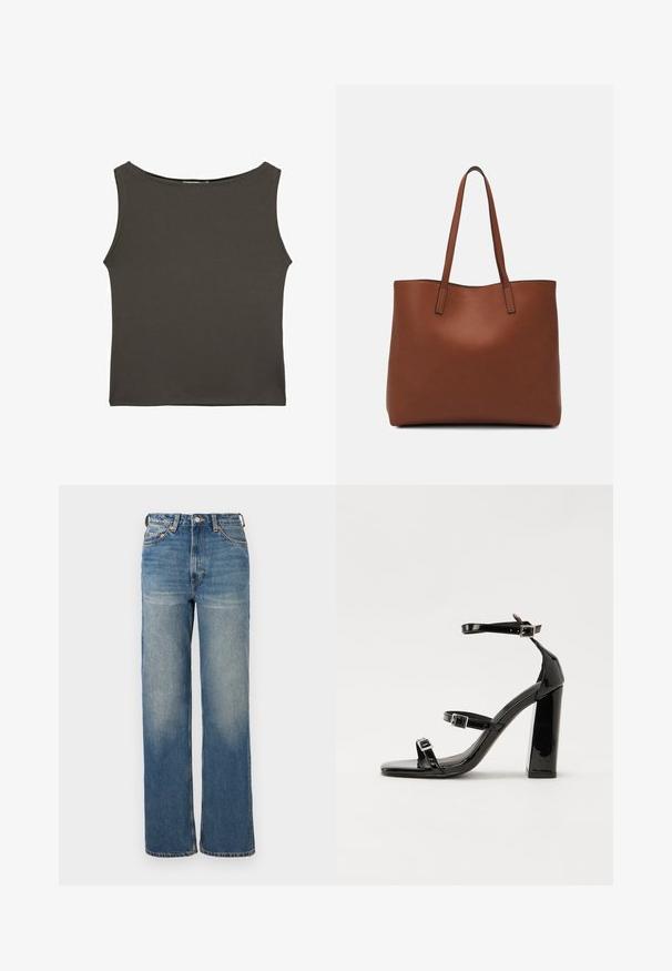 Tmavošedý, priliehavý top bez rukávov s okrúhlym výstrihom, vyrobený z hladkej, elastickej látky. Žiadne viditeľné vzory ani detaily.; Nohavice s vysokým pásom a širokými nohavicami v svetlom modrom denime s jemným oxhudovaním, dizajnom s piatimi vreckami a kovovými detailmi.; Čierne lakované sandále na podpätku so štvorcovou špičkou, navlečenými remienkami okolo členku a striebornými prackami. Disponujú masívnym blokovým podpätkom pre stabilitu.; Hnedá kožená taška na rameno s hladkou textúrou, otvoreným vrchom a dvoma ramenými popruhmi. Má minimálne šitia a žiadne viditeľné kovania.