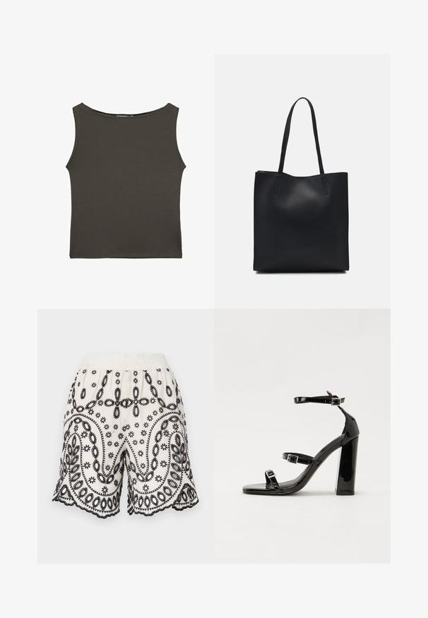 Dark gray, fitted tank top with a rounded neckline and sleeveless design, made from smooth, stretchy fabric. No visible patterns or accents.; White fabric shorts with intricate black embroidery, featuring floral and paisley patterns, elastic waistband, and scalloped edges.; Black patent heeled sandals with a square toe, ankle straps, and silver buckles. Features a chunky block heel for stability.; Black leather tote bag with smooth texture, rectangular shape, and two long handles. No visible hardware or embellishments.