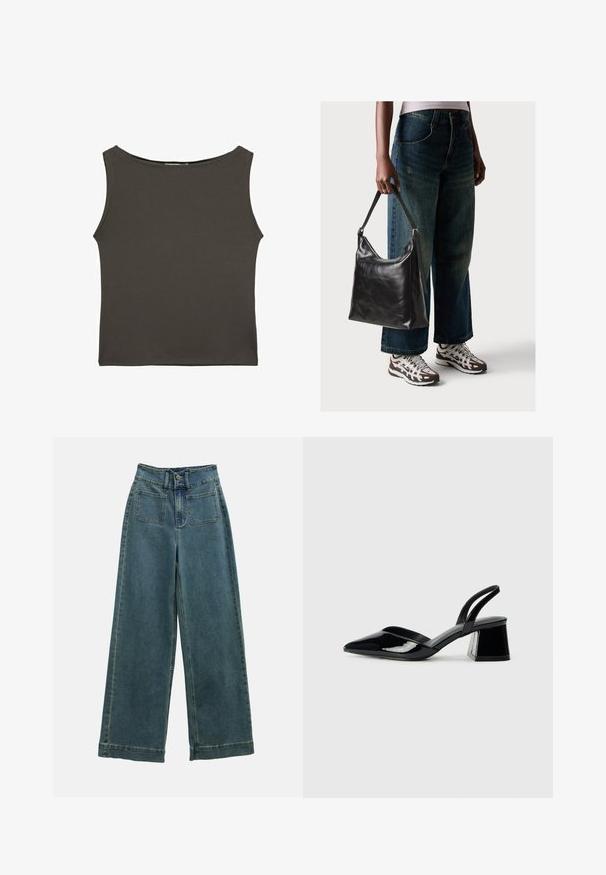 Mörkgrå, figursydd linne med rundad halsringning och ärmlös design, tillverkat av mjukt, stretchigt tyg. Inga synliga mönster eller detaljer.; Breda denimbyxor i blekt blått med hög midja, två framfickor och klassisk knappstängning. Tyget har en mjuk och slät textur.; Svarta lackläder slingback klackar med spetsig tå och geometrisk klack. Har en elegant, minimalistisk design och slät yta.; Svart läderaxelväska med en slät yta och justerbar rem, i kombination med urtvättade vida jeans och sportiga sneakers.