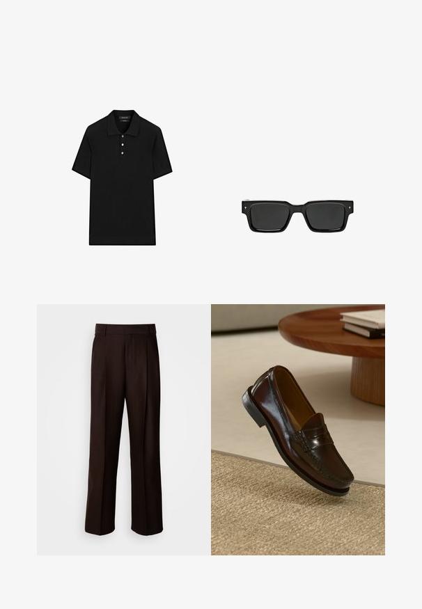 Zwarte poloshirt met een geribbelde textuur, korte mouwen, een platte kraag en een knoopsluiting met drie knopen. Eenvoudig en klassiek ontwerp.; Bruine op maat gemaakte broeken met een recht design, voorzien van een voorplooien, een gladde textuur en een klassieke tailleband. Geschikt voor formele gelegenheden.; Bruine leren instappers met een glanzende afwerking, voorzien van een gestikt detail aan de voorkant en een low-profile zwarte rubberen zool.; Zwarte rechthoekige zonnebril met donkere glazen, glanzend plastic montuur en kleine handtekeningaccenten op de pootjes. Platte profiel en scherpe hoeken.