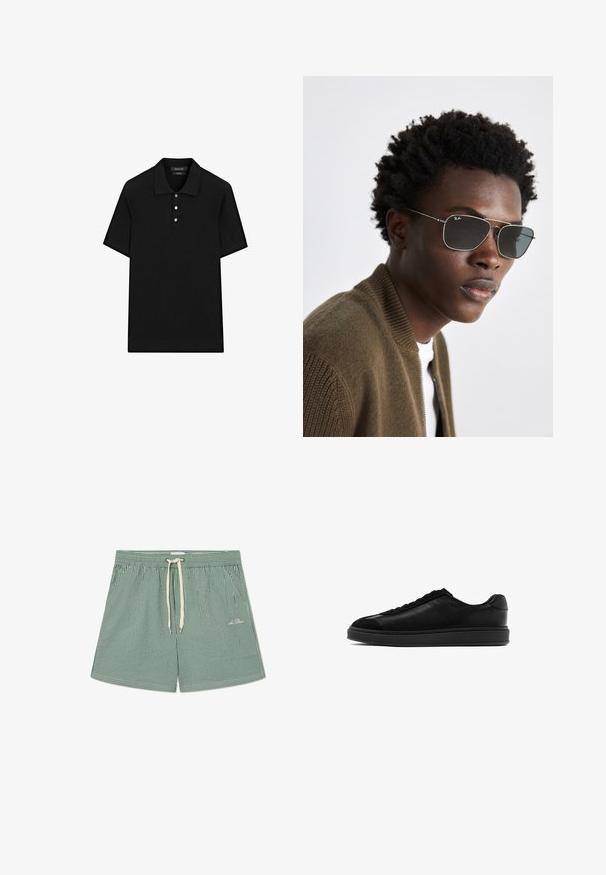 Czarna koszulka polo z prążkowanym wzorem, krótkimi rękawami, płaskim kołnierzykiem i zapięciem na trzy guziki. Prosty i klasyczny design.; Zielone i białe spodenki kąpielowe w paski z elastycznym pasem, regulowaną sznurówką oraz małym logo na dolnej lewej stronie.; Czarne skórzane trampki o gładkim wykończeniu, okrągłym nosku, z sznurowanym przodem i kontrastującym teksturowanym językiem. Gruba czarna gumowa podeszwa.; Okulary przeciwsłoneczne z metalową srebrną ramą, w kształcie awiatora i ciemnymi szkłami. Stylizowane z brązową bomberką o prążkowanej strukturze.