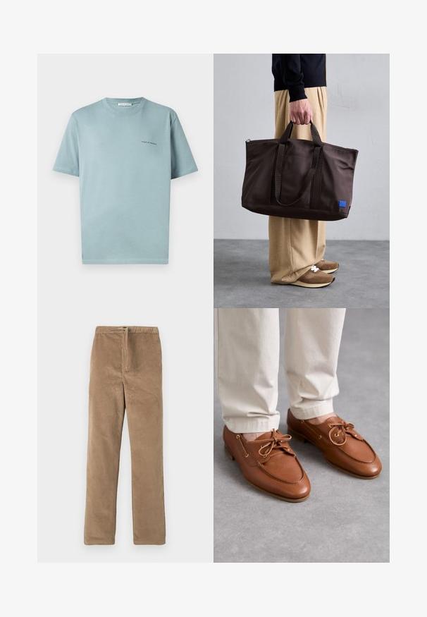 Vaaleansininen puuvillapaita, jossa on pyöreä kaula-aukko, lyhyet hihat ja pieni "TIGER OF SWEDEN" -logo vasemmassa rinnassa. Sileä pinta.; Ruskeat corduroy-housut, joissa on joustava vyötärö ja etuvetoketju, suorat lahkeet, esitelty valkoisella taustalla.; Bally PATHY - Nauhakengät - deserto; Ruskea nylon-kassi, jossa on kaksoiskahvat, vetoketjukiinnitys ja sininen logopatch. Sileä pinta, jämäkkä rakenne, tilava sisustus.