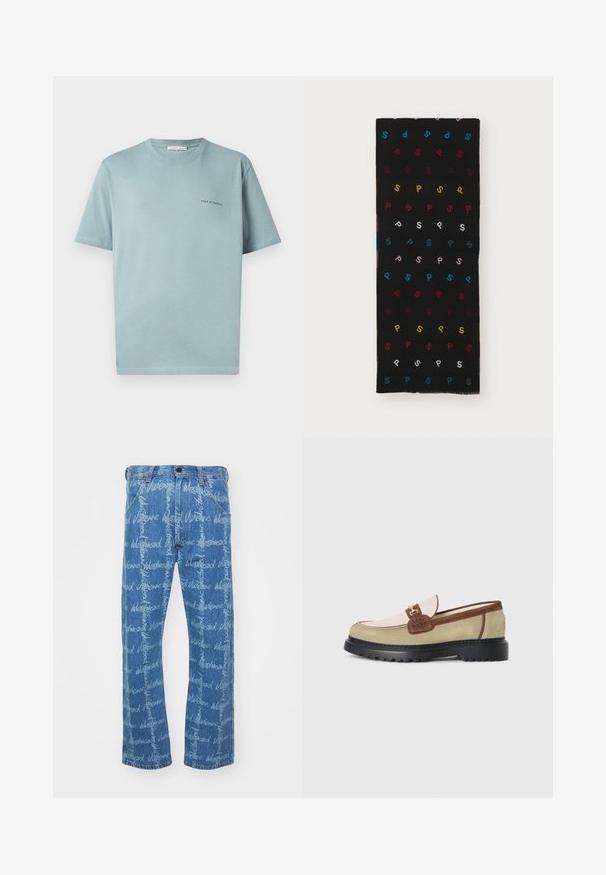 T-shirt en coton bleu clair avec un col rond, des manches courtes et un petit logo "TIGER OF SWEDEN" sur la poitrine gauche. Texture lisse.; Jean en denim bleu avec une coupe droite, présentant un motif de texte "Vivienne Westwood" répété en blanc. Design classique à cinq poches.; Loafer avec des panneaux en suède beige, rose clair et marron, accent en boucle en métal doré et semelle épaisse en caoutchouc noir avec un motif de crans.; Écharpe noire ornée de motifs en forme de « P » multicolores répétés, dans des teintes de rouge, jaune, bleu, rose et blanc. Tissu doux avec des bords effilochés.