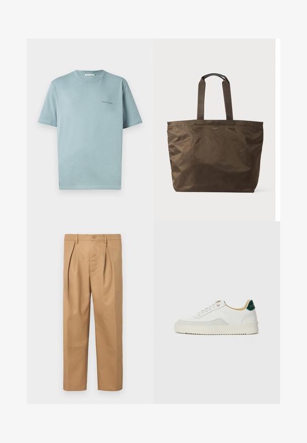 Himmelblaues Baumwoll-T-Shirt mit Rundhalsausschnitt, kurzen Ärmeln und kleinem "TIGER OF SWEDEN"-Logo auf der linken Brust. Glatte Textur.; Beige Baumwollhose mit lässigem Schnitt, gefälteter Gestaltung, Taillengummi mit Knopfverschluss und geradem Bein. Glatte Textur ohne Muster.; Weiße Sneaker mit Wildlederelementen, runder Zehenpartie, flachen Schnürsenkeln und einer cremefarbenen Gummisohle. Mit grünen Markenlogo am Fersenbereich.; Braune Nylon-Shopper-Tasche mit zwei Stoffgriffen und glatter Oberfläche. Verfügt über eine minimalistische Markenkennzeichnung auf der Vorderseite.