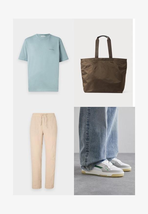 Lichtblauw katoenen T-shirt met een ronde hals, korte mouwen en een klein "TIGER OF SWEDEN" logo op de linkerkant van de borst. Gladde textuur.; Beige linnen broek met een tailleband met trekkoord, rechte pijpen en een zachte, textuurafwerking. Beschikt over twee zijzakken en een minimale stikselafwerking.; Witte en grijze sneakers met groene accenten, voorzien van een bovenwerk van mesh en een rubberen zool, gecombineerd met blauwe denim jeans met rafelige onderranden.; Bruine nylon tote bag met twee stoffen handvaten en een gladde textuur. Heeft minimale branding aan de voorkant.