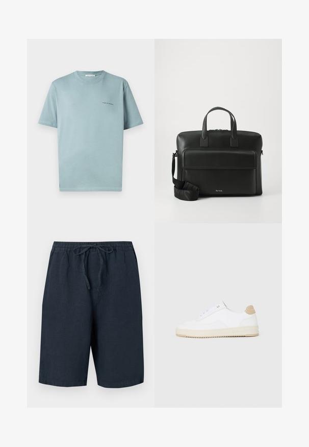 Gaiši zila kokvilnas T-krekla ar apaļu kaklu, īsām piedurknēm un mazu "TIGER OF SWEDEN" logotipu kreisajā krūtī. Gluda tekstūra.; Tumši jūras zila lina šorti ar elastīgu jostasvietu un regulējamu auklu. Iekļauj sānu kabatas un brīvu piegriezumu.; Baltās zemas kedas ar faktūru ādas virsu, krēmkrāsas rievojamu zoli un brūnu pacēlumu uz papēža. Iekļauj baltas auklas un logo detaļu uz papēža.; Melna ādas portfelis ar divām augšējām rokturiem, priekšējo kabatu un noņemamu siksnu, ar diskrētu zīmolu apakšā.