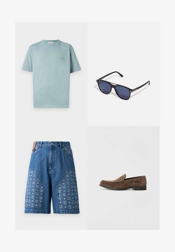 Vaaleansininen puuvillapaita, jossa on pyöreä kaula-aukko, lyhyet hihat ja pieni "TIGER OF SWEDEN" -logo vasemmassa rinnassa. Sileä pinta.; Siniset farkkushortsit, joissa on kuviollista paneelointia, logomotiiveja, tikkupusseja ja klassinen vyötärö, jossa on metallinen nappikiinnitys.; Stuart Weitzman BURT - Loaferit/pistokkaat - espresso; Aurinkolasit, joissa on musta muovikehys, sinisen sävyiset linssit, hieman pyöristetty muoto ja hopeiset metallikoristeet temppeleissä.