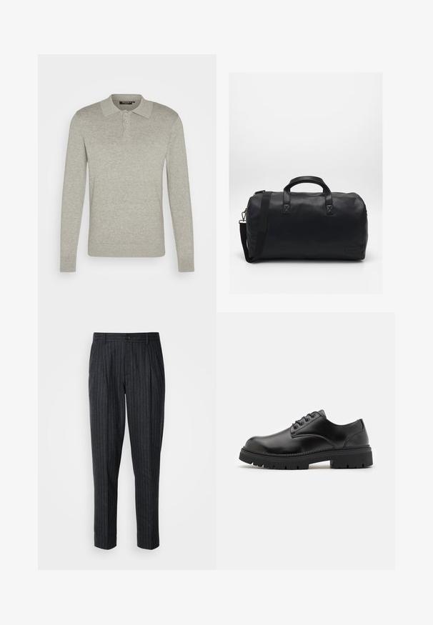 Langärmliges, hellgraues Polohemd aus weichem Stoff mit einer Knopfleiste mit drei Knöpfen und gerippten Bündchen, das über ein klassisches Kragen Design verfügt.; Maßgeschneiderte Hosen aus dunkelgrauem Stoff mit feinen vertikalen Streifen; ausgestattet mit einem Knopfverschluss und einem gefältelten Frontdesign.; Schwarze Lederschuhe mit runder Zehenform, Schnürdesign und einer dicken, strukturierten Gummisohle. Sie verfügen über eine Naht entlang des Randes und haben eine glatte Oberfläche.; Schwarze Duffel-Tasche aus strukturiertem Kunstmaterial. Verfügt über zwei Griffe und einen verstellbaren Schultergurt. Einfaches Design ohne sichtbare Muster.