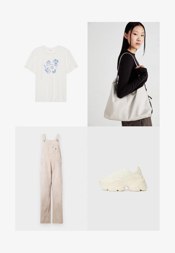 Even&Odd Trükipildiga T-särk - egret; Beežid denim üleüldriided reguleeritavate rihmadega, ees tasku ja logo silt. Sirge jalgade disain, sile tekstuur ja ilma kaunistusteta.; Paksud valged tennised, mis on valmistatud tekstureeritud võrgu- ja sünteetilistest materjalidest, pakuvad paksu tallaga ja keerukat mustrit külgedel.; Bež käekott pehme materjali, millel on lõtv disain, õmblustega detailid ja kaks õlarihma. Sobib igapäevaseks kasutamiseks.