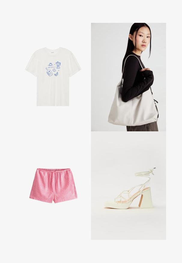 Even&Odd - T-shirt z nadrukiem; Next - Szorty; Biała sandał na wysokim obcasie z masywnym słupkiem, z paskowym wzorem i wiązaniem przy kostce. Gładka faktura z platformą z przodu dla dodatkowej wysokości.; Beżowa torebka wykonana z miękkiego materiału, charakteryzująca się luźnym fasonem, wyszywanymi detalami i dwoma uchwytami na ramię. Idealna na co dzień.