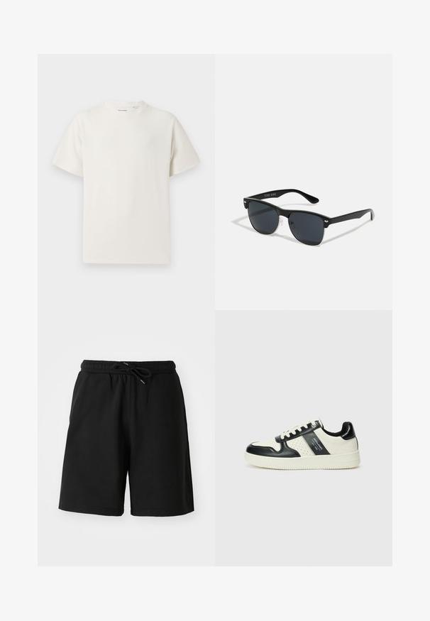 Weißes T-Shirt mit kurzen Ärmeln in gerippter Textur. Runder Ausschnitt, lockere Passform, keine sichtbaren Muster oder Akzente. Einfaches und vielseitiges Design.; Schwarze Baumwollshorts mit elastischem Bund, Kordelzugverschluss und seitlichen Taschen. Glatte Textur, knielanges Design.; Leder-Sneaker in Schwarz- und Cremetönen, mit perforierten Akzenten, einem gepolsterten Kragen und einer strukturierten Laufsohle.; Schwarze Sonnenbrille mit rechteckiger Form, dunklen Gläsern, silbernen Akzenten an den Bügeln und mattierter Oberfläche des Rahmens.