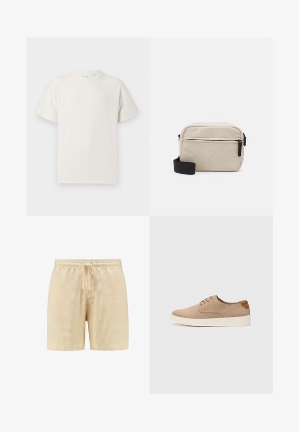 Balta krūštura īsām piedurknēm ar ribota auduma faktūru. Apaļš kakla izgriezums, brīvs griezums, bez redzamām rakstām vai akcentiem. Vienkāršs un daudzpusīgs dizains.; Beige vafelē auduma šorti ar elastīgu jostasvīru, auklas aizdari un brīvu piegriezumu. Vienkāršs dizains bez rakstiem vai papildu akcentiem.; Beige zamšādas kedas ar noapaļotu purngala daļu, auklēm saplacinātu priekšpusi un teksturētu aizmugures akcentu. Balta gumijas zole nodrošina kontrastu. Vienkāršs un mūsdienīgs dizains.; Kremkrāsas korsētas pleca soma ar melnu rāvējslēdzēju, noņemamu siksnu un teksturētu rakstu. Ietver vienu galveno nodalījumu un priekšējo kabatu.