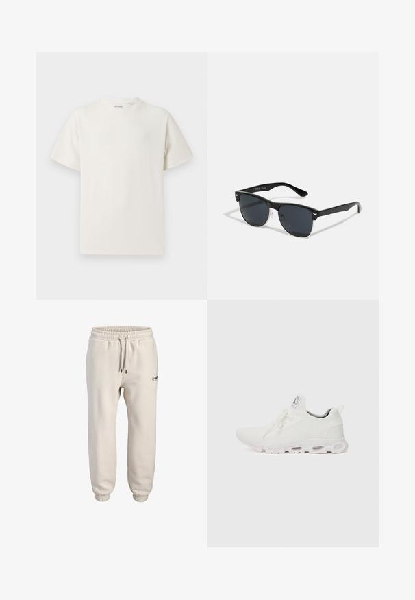 White short-sleeve T-shirt in a ribbed texture. Round neckline, relaxed fit, no visible patterns or accents. Simple and versatile design.; Light beige jogger pants made of soft fabric, featuring an elastic waistband with drawstring and tapered cuffs. Small logo detail on front.; White athletic shoes featuring a textured knit upper, flat laces, and a cushioned sole with visible air chambers for added support.; Black sunglasses with a rectangular shape, dark lenses, silver accents at the temples, and a matte finish on the frame.
