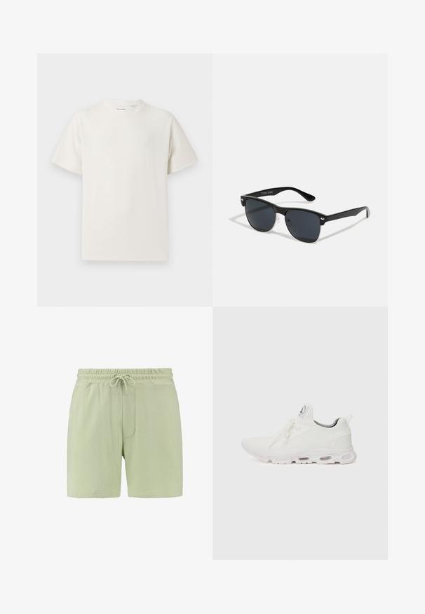 Bela majica s kratkimi rokavi iz rebraste tkanine. Okrogli izrez, sproščen kroj, brez vidnih vzorcev ali naglasov. Preprosta in vsestranska zasnova.; Svetlo zeleni šortsi iz mehkega blaga, z elastičnim pasom in vrvico, ter stransko žepom. Gladka tekstura, sproščen kroj.; Bela atletska obuća z značilnom pletenom gornjom stranom, ravnim vezicama i podlogom s jastučićem koja ima vidljive zračne komore za dodatnu potporu.; Črne sončne naočare pravokotne oblike, temna leča, srebrni detajli na ušesih in mat površina na okvirju.