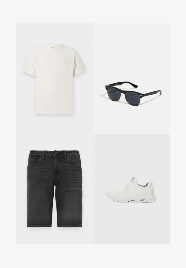 Valkoinen lyhythihainen T-paita ribbikuviossa. Pyöreä kaula-aukko, rento istuvuus, ei näkyviä kuvioita tai yksityiskohtia. Yksinkertainen ja monikäyttöinen muotoilu.; Mustat farkkushortsit suoran leikkauksen kanssa, viisi taskua ja napitus. Sisältää pientä haalistumista ja tukevan kangasrakenteen.; Valkoiset urheilukengät, joissa on teksturoitu neulepinta, litteät nauhat ja pehmustettu pohja, jossa on näkyvät ilmakammiot lisätuen tarjoamiseksi.; Mustat aurinkolasit, joilla on suorakulmainen muoto, tummat linssit, hopeiset yksityiskohdat temppeleissä ja matta pinta kehykset.