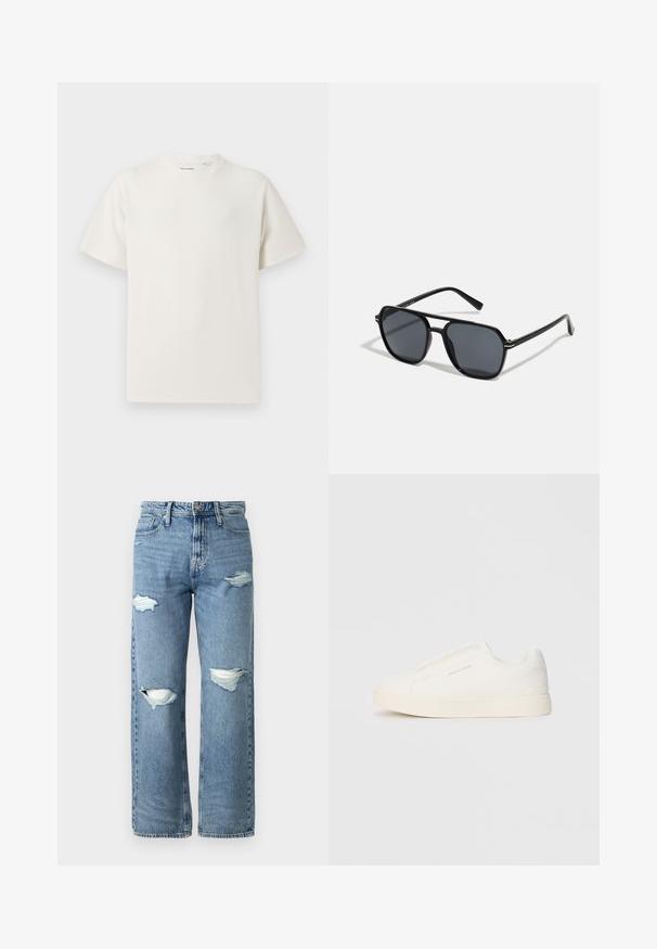 Valge lühikeste varrukatega T-särk ribakudumises. Ümar kaelus, mugav lõige, nähtavad mustrid ega aksessuaarid puuduvad. Lihtne ja mitmekesine disain.; Heledad sinine teksapoodle, millel on kõrge talje ja laiad jalad, millel on kaks rebenenud põlve ja klassikaline viie tasku disain.; Valged libisemiskindlad tossud tekstuuriga pinnaga, paksu tallaga ja minimalistikus disainis. Küljel on brändi logo.; Mustad mustad prillid oktaalpäistega, tumedad läätsed, läikiv viimistlus, õhukesed templid ja kuldsed aktsendid ees.