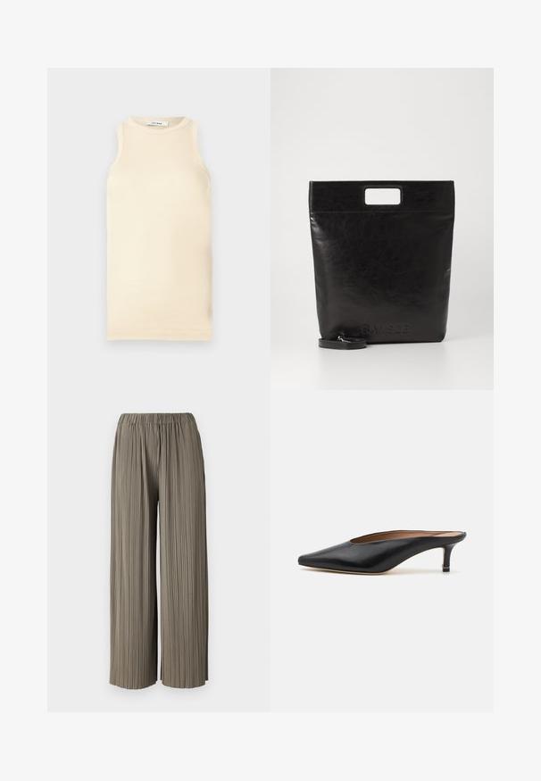 Lichtbeige mouwloze top van ribstof, met een ronde halslijn en een fitted ontwerp. Glad oppervlak met minimale naden.; Plissé wijde broek in gedempt olijfgroen met een elastische tailleband. De stof heeft een gladde textuur en zichtbare verticale lijnen.; Zwarte leren muiltjes met een puntige neus en een lage, blokhak. Glad oppervlak met een gestroomlijnd ontwerp. Open achterkant met minimale details.; Zwarte leren draagtas met een vierkant handvat, met een gestructureerde afwerking en een reliëflogo. Inclusief een afneembare schouderband.