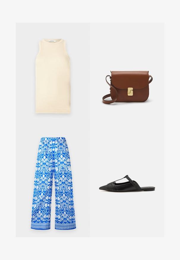 Lichtbeige mouwloze top van ribstof, met een ronde halslijn en een fitted ontwerp. Glad oppervlak met minimale naden.; Blauwe en witte wijde broek met elastische tailleband en ingewikkeld bloemen damastpatroon, met een decoratieve rand nabij de zoom.; Zwarte leren slingback schoen met een puntige neus, voorzien van een gevlochten accent en geplooid ontwerp aan de bovenkant. Platte zool met minimale hardware.; Bruine leren handtas met een klep sluiting, gouden hardware, een schouderband en een gladde textuur. Compact rechthoekige vorm.