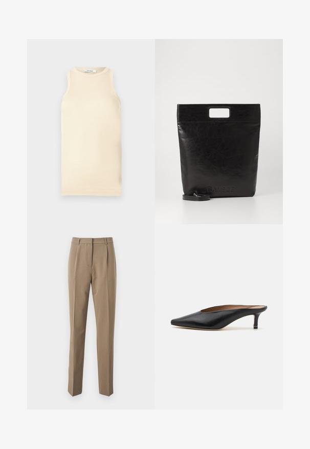 Light beige sleeveless top made of ribbed fabric, featuring a round neckline and fitted design. Smooth texture with minimal seams.; Brown tailored trousers made of smooth fabric, featuring a straight-leg design, front pleats, and a waistband with belt loops.; Black leather mules with a pointed toe and low, block heel. Smooth texture with a sleek design. Open back with minimal detailing.; Black leather tote bag with a square handle, featuring a textured finish and embossed logo. Includes a detachable strap.