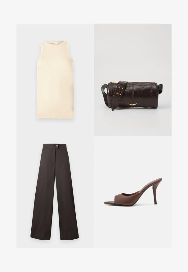 Fény bézs, ujjatlan felső, bordázott anyagból, kerek nyakkivágással és karcsúsított fazonnal. Simaszerkezet minimális varrásokkal.; Fekete, széles szárú nadrág sima tapintással, elülső gombos záródással és letisztult, egyszerű dizájnnal. Nincsenek látható minták vagy díszítések.; Barna bőr nyitott orrú magassarkú papucs, letisztult dizájnnal, széles elülső pánttal és karcsú stiletto sarokkal.; Barna krokodilbőr hatású bőr táska henger alakú, arany tónusú fémveretekkel és lecsatolható, szegecsekkel díszített pánttal.