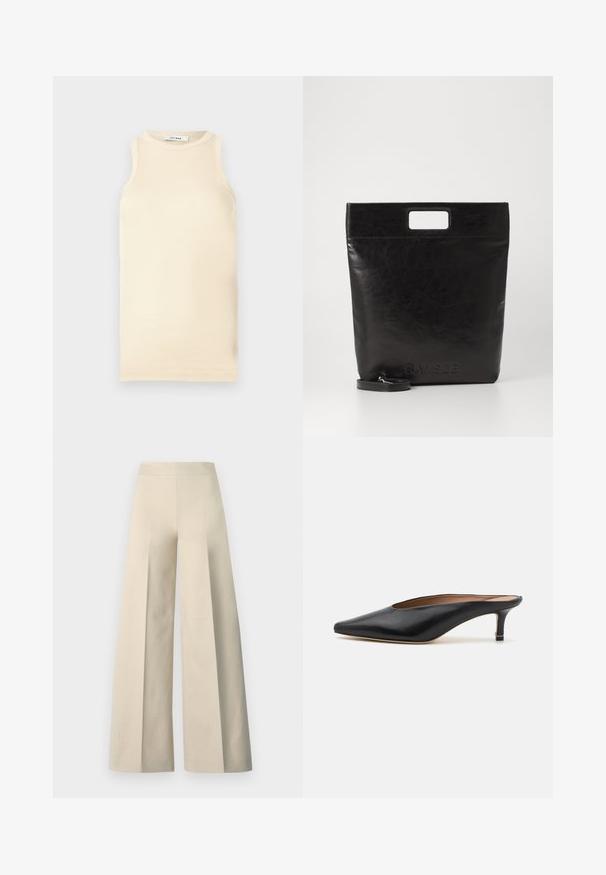 Top sans manches en beige clair, en tissu côtelé, avec un col rond et une coupe ajustée. Texture lisse avec des coutures minimales.; Pantalon large beige avec une texture lisse, une taille haute et des plis profonds à l'avant. Présente une coupe large et fluide.; Mules en cuir noir avec un bout pointu et un petit talon carré. Texture lisse avec un design épuré. Dos ouvert avec un minimum de détails.; Sac fourre-tout en cuir noir avec une poignée carrée, arborant une finition texturée et un logo en relief. Comprend une bandoulière amovible.