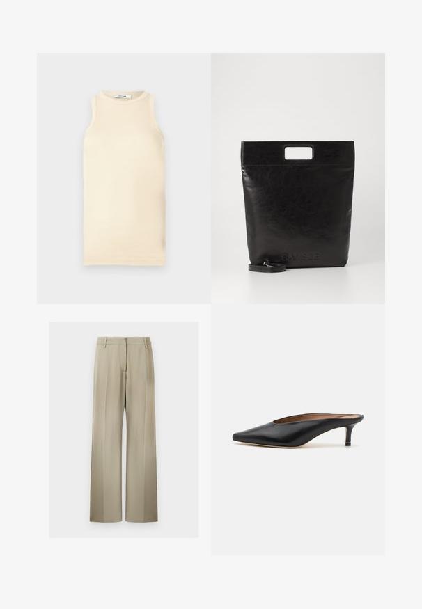 Lichtbeige mouwloze top van ribstof, met een ronde halslijn en een fitted ontwerp. Glad oppervlak met minimale naden.; Wijde broek met een zachte beige stof, voorzien van een flatte voorkant, riemlussen en een gladde textuur. Standaard tailleband zonder zichtbare patronen.; Zwarte leren muiltjes met een puntige neus en een lage, blokhak. Glad oppervlak met een gestroomlijnd ontwerp. Open achterkant met minimale details.; Zwarte leren draagtas met een vierkant handvat, met een gestructureerde afwerking en een reliëflogo. Inclusief een afneembare schouderband.