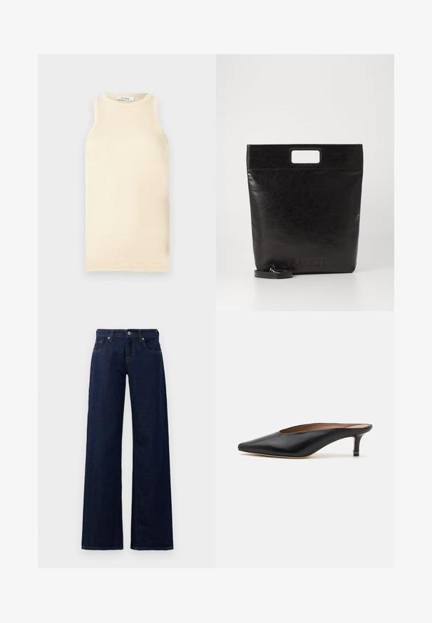 Light beige sleeveless top made of ribbed fabric, featuring a round neckline and fitted design. Smooth texture with minimal seams.; Wide-leg jeans in dark blue denim, featuring standard five-pocket design, copper stitching, and a button closure at the waistband.; Black leather mules with a pointed toe and low, block heel. Smooth texture with a sleek design. Open back with minimal detailing.; Black leather tote bag with a square handle, featuring a textured finish and embossed logo. Includes a detachable strap.