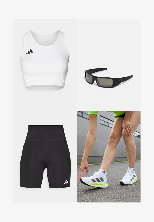 Baltas sportinis trumpas viršus, pagamintas iš lygaus audinio, su apvaliu iškirpimu ir juodu logotipo akcentu kairėje pusėje.; Juodi sportiniai šortai, pagaminti iš elastingos medžiagos. Aukštas juosmuo, iki vidurio šlaunų ilgio, su balta trijų juostų logotipu kairiajame apatinėje pusėje.; adidas Performance ADISTAR 3 - Bėgimo batai plentui - footwear white/core black/pulse lime; Juodi akiniai saulės su matinio paviršiaus užbaigimu, stačiakampiai lęšiai, švelnus lenkimas ant šventyklų, subtilus logotipo detalizavimas ir dūminiai lęšiai.
