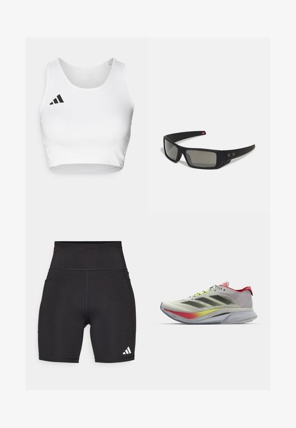 Crop top sportivo bianco realizzato in tessuto morbido, con scollatura rotonda e un logo nero accentato sul lato sinistro.; Pantaloni sportivi neri realizzati in tessuto elasticizzato. Vita alta, lunghezza a metà coscia, con logo a tre righe bianche sul lato inferiore sinistro.; Scarpe da corsa leggere di colore grigio chiaro con accenti rossi; presentano una tomaia in mesh traspirante, strisce nere e una suola con gradiente colorato.; Occhiali da sole neri con finitura opaca, lenti rettangolari, leggero curvatura sulle tempie, dettaglio logo discreto e lenti color fumo.