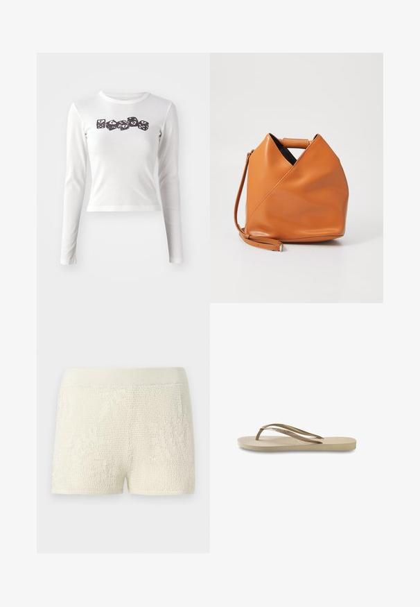 Wit overhemd met lange mouwen van zacht materiaal, voorzien van een zwarte dobbelsteenprint met letters. Slanke pasvorm met een ronde halslijn en een lengte tot de middenrif.; Gebreide shorts in off-white met een textuurpatroon. Heeft een brede elastische tailleband en een aansluitend ontwerp.; Lichtbeige flip-flop met een getextureerde voetbed, platte zool en dunne, glanzende bandjes. Heeft subtiele merkvermelding op het bandje.; Tan leren handtas met uniek driehoekig vouwontwerp, bovenhandvat en afneembare schouderriem op een witte achtergrond.