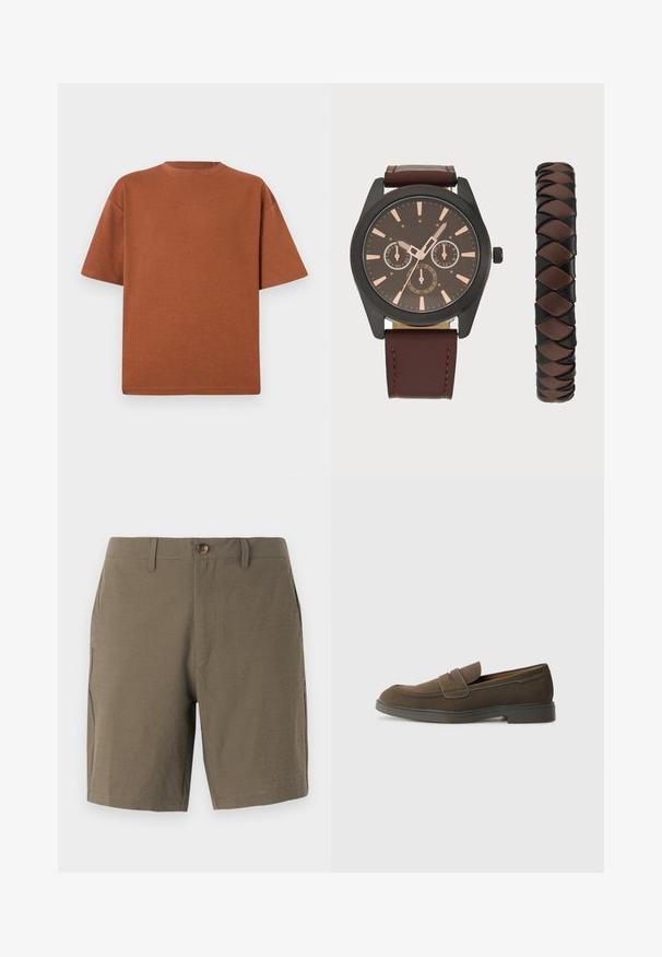 Brun bomulls t-shirt med rund hals, kort ärm och avslappnad passform. Tyget har en mjuk struktur och minimala sömmar.; Olivgrön shorts gjorda av texturerad tyg, med knappstängning och slät framdel, samt sidofickor för funktionalitet.; Brun mockasnär med rund tå, ett rem över framfoten och en platt gummisula. Enkelt design med rena linjer och minimal detaljering.; Pier One SET - Klocka - black/brown
