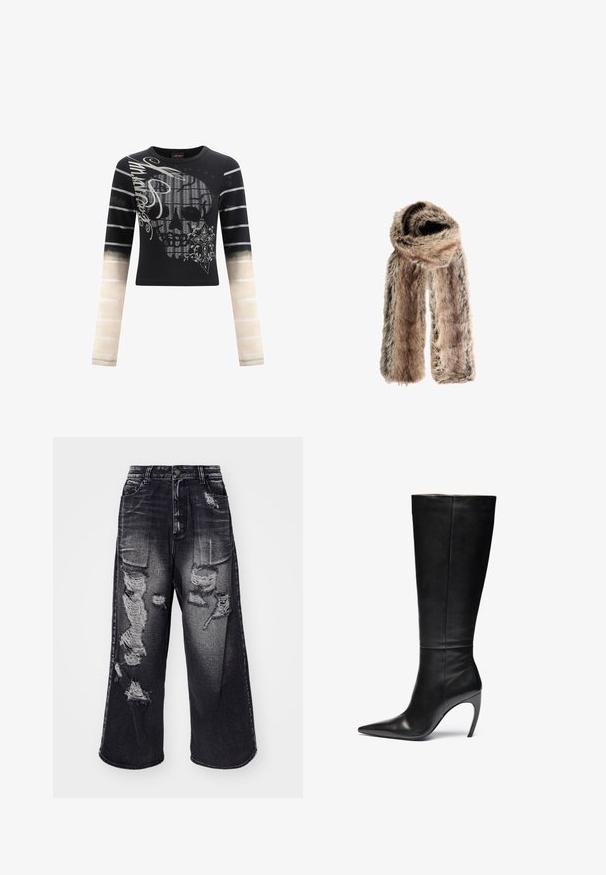 Langærmet sort skjorte med et kranie grafik, udsmykkede detaljer og stribet gradientærmer, der overgår til beige med grå linjer.; Højtaljede, brede jeans i falmet sort denim, med slidte detaljer foran, knaplukning og fem lomme-design.; Sorte læder knæhøje støvler med spids tå og høj stilettohæl; slank, glat tekstur med subtile sømme og ingen synlig hardware.; Faux fur tørklæde i nuancer af brun med en blød struktur, featuring et bredt design og en uformel indpakningsform, der giver varme og komfort.