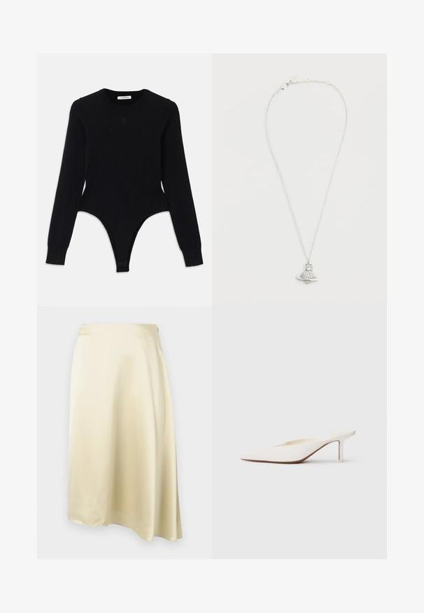 Body negru cu mânecă lungă, cu decolteu rotund, design ajustat și fundă stil thong. Fabricat dintr-un material moale și elastic pentru confort.; Fustă din satin crem cu o siluetă în A, având o textură fină și un luciu subtil. Croită ușor mai lungă pe o parte.; Mule alb cu vârf ascuțit și toc stiletto mic. Fabricat din material neted, cu un design minimalist și detalii subtile pe talpa bej.; Colier din argint cu pandantiv în formă de rachetă, având o pietricică centrală asemănătoare cu un diamant și o bază circulară. Finisaj detaliat și lustruit.