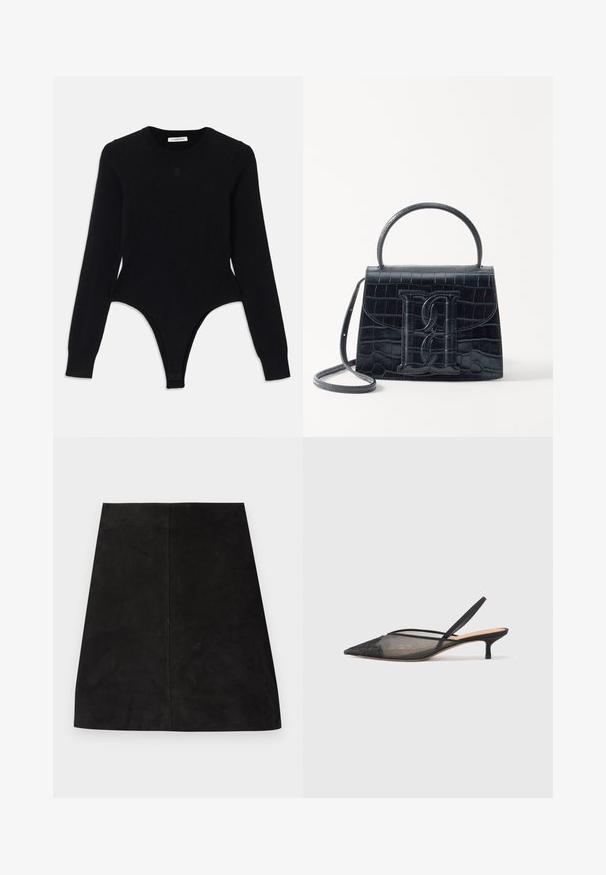 Black long-sleeve bodysuit with a round neckline, fitted design, and thong-style bottom. Made from soft, elastic fabric for comfort.; Black suede mini skirt featuring a simple straight cut, smooth texture, and a center seam detail. No visible hardware or embellishments.; NEOUS IRENA - Classic heels - black; Black crocodile-embossed leather handbag with a structured design, top handle, adjustable strap, and a prominent front logo detail.