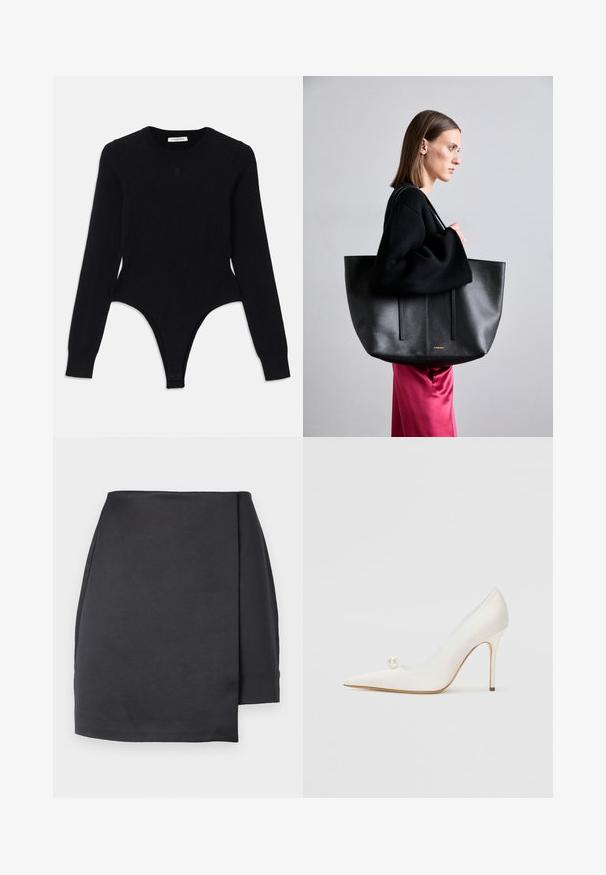 Bodysuit noir à manches longues avec un col rond, design ajusté et fond style thong. Fabriqué en tissu doux et élastique pour plus de confort.; Mini-jupe asymétrique noire avec un pan avant style portefeuille sur fond blanc.; Chaussure à talon aiguille blanche à bout pointu avec une finition brillante, dotée d'un accent décoratif en perles sur le côté et d'un talon stiletto élancé.; Grand sac tote en cuir noir avec une finition texturée, présentant deux lignes verticales, des bretelles doubles et un design minimaliste.
