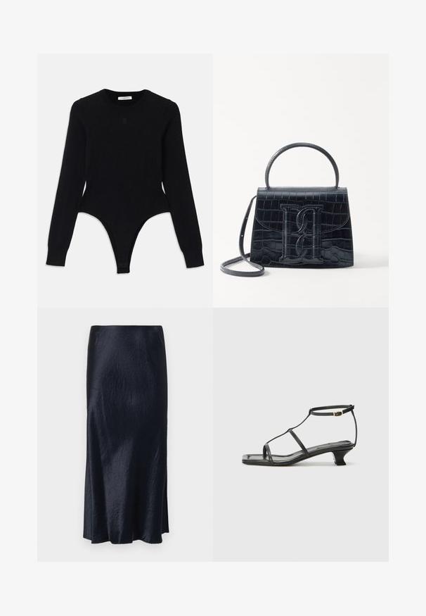 Juodas ilgomis rankovėmis bodis su apvaliu iškirpimu, prigludusia siluetu ir thong tipo apačia. Pagamintas iš minkštos, elastinės medžiagos, užtikrinančios komfortą.; Tamsiai mėlyna, vidutinio ilgio sijonas su lygia tekstūra, šiek tiek blizgesio ir šonine plyšyje, kad būtų lengviau judėti. Turintis minimalistinį dizainą.; Juodas odinis sandalai su kvadratiniu pirštu, plonomis dirželiais, reguliuojamu kulkšnies dirželiu ir žemu kulnu. Yra nedidelis aukso akcentas ant dirželio.; Juodas krokodilo rašto odinis rankinės krepšys su struktūruotu dizainu, viršutine rankena, reguliuojamu dirželiu ir išsiskiriančiu priekinio logo detale.